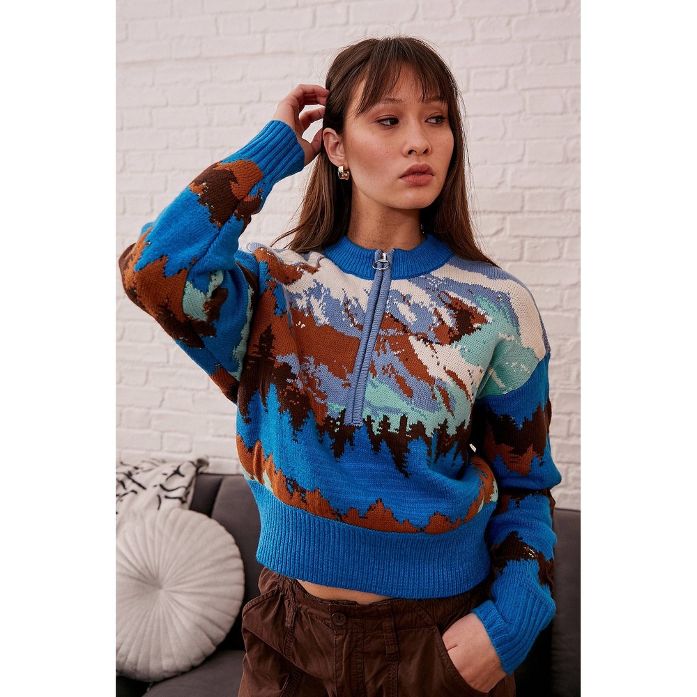 BDG Urban Outfitters Jesse Size L Half Zip Mountain Forest Winter‎ Sweater(A533)